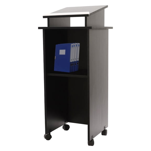 Podium Wood Stand with Wheels, 44x18x18in Mobile Lectern Black, Large Capacity Tabletop, Ergonomic Standing Height, Easy to Move, for Church, Classroom, Wedding, Business Presentation