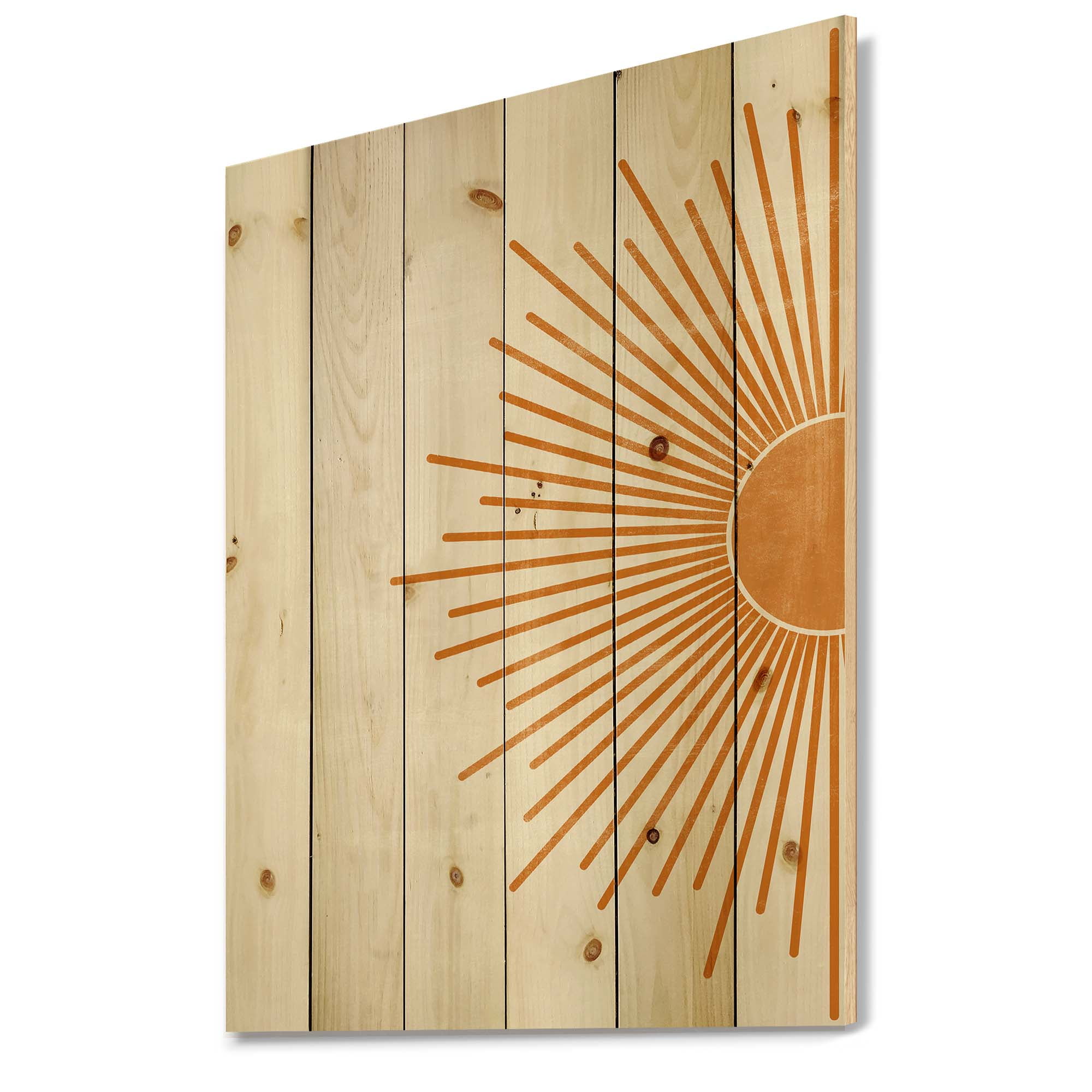 Designart 'Orange Sun Print On Beige I' Modern Print on Natural Pine Wood