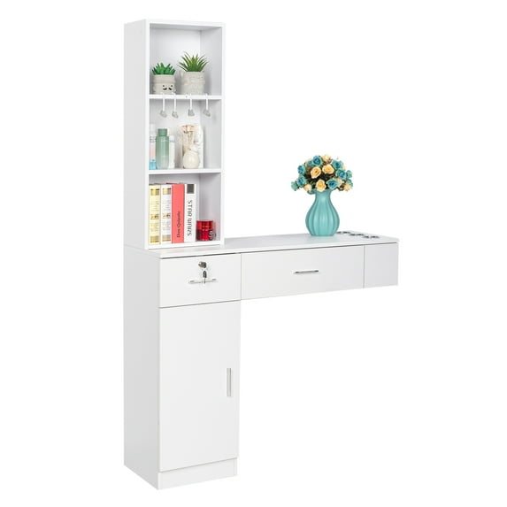 Zimtown Salon Cabinet with 3 Shelves & 2 Drawers, Wall Mount Hair Styling Station, Wihte