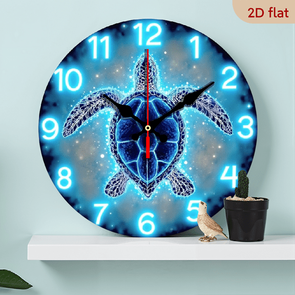 A 10-inch 2D flat fluorescent turtle-themed wooden wall clock with a silent function. It is an ideal choice for home and kitchen decoration, and also suitable as a festive decoration.