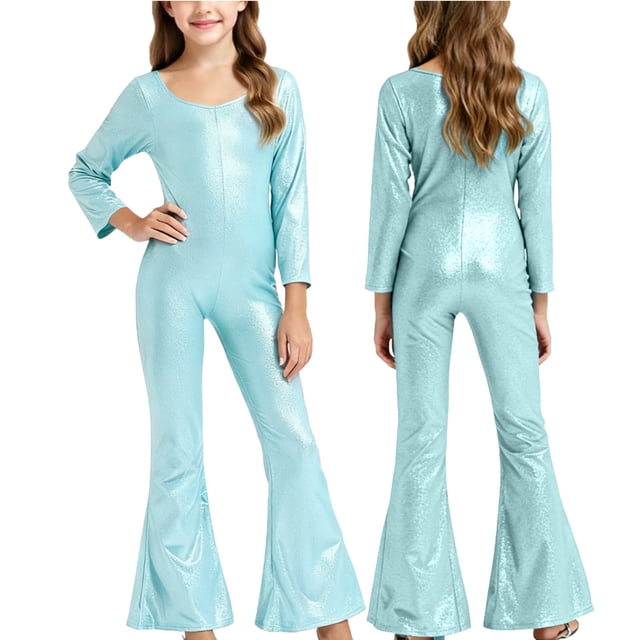 EGNMCR Children's Solid Color Stylish Sequins Dance Party School Performance Long Sleeves Round Neck Trousers Flared Pants Party Festival Conjoined Clothes Kids cotton pant