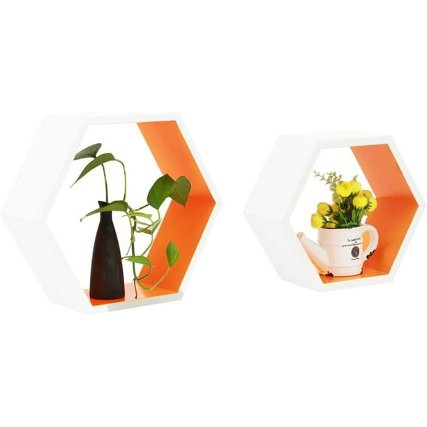 Set of 2 Hexagon Floating Shelves, Wood Wall Shelves for Home