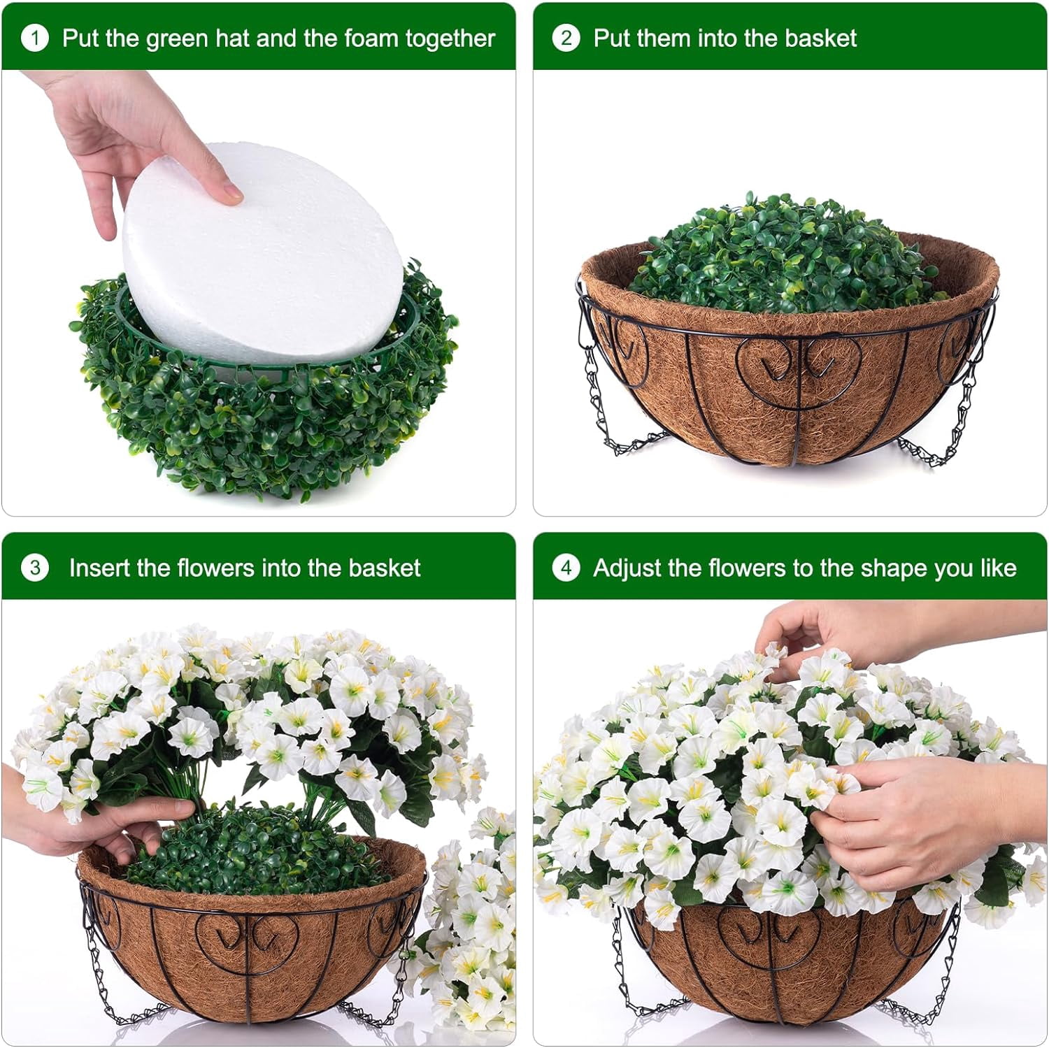 Artificial Fake Hanging Flowers Plants Baskets for Outdoor Outside Summer Decoration, Faux Silk White Morning Glory in Planter UV Resistant Realistic for Home Porch Patio Balcony Garden Yard