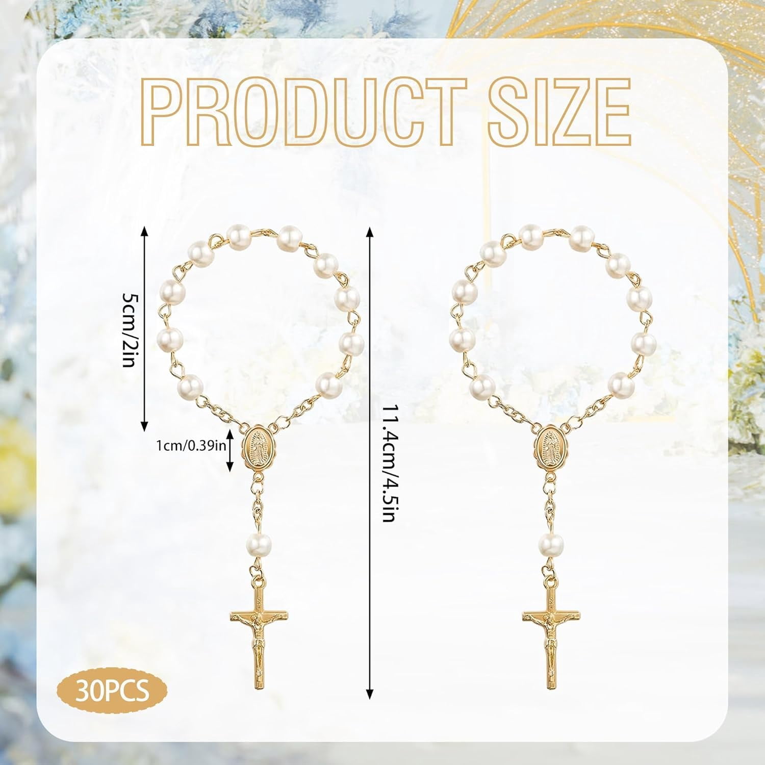 ABPETE Mini Rosary Baptism Favors,Gold Plated Ivory Acrylic Finger Rosary Beads with Faux Pearls for Christening, Communion & Wedding Party Gifts(30-Pack)