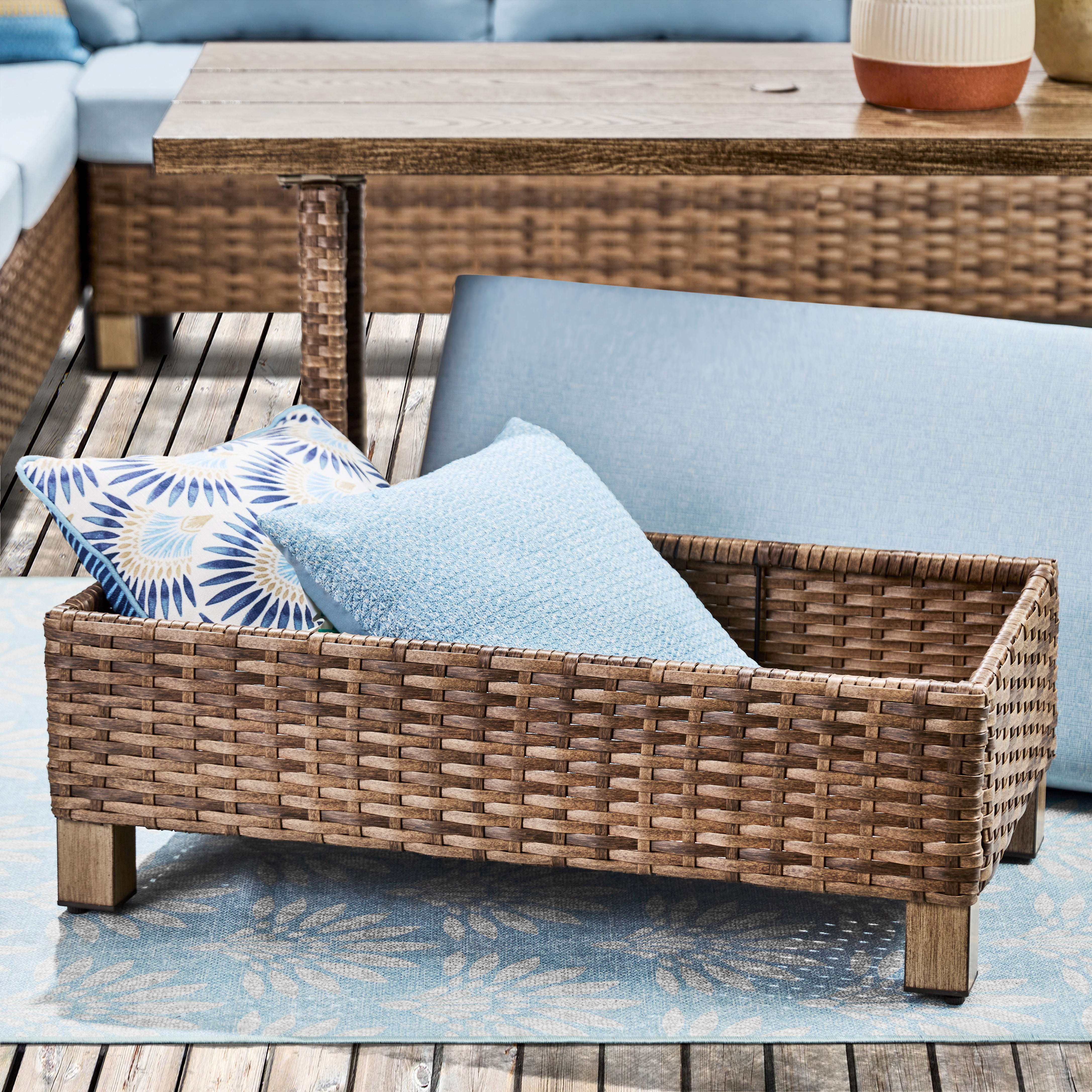 Better Homes & Gardens Brookbury 4-Piece Outdoor Wicker Patio Sectional Dining Set, Blue Cushions