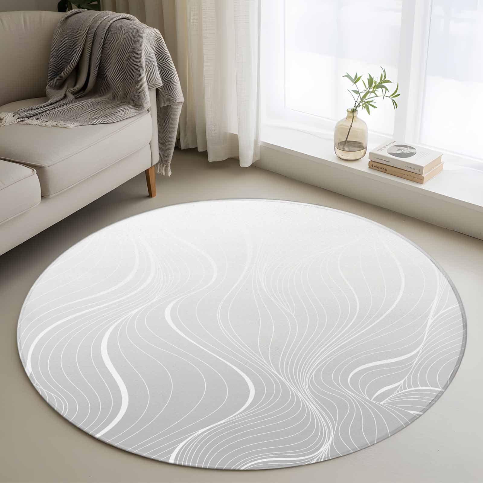 Ombre Grey Stripes Round Area Rugs 3 ft Striped Lines Waves Gradient Washable Small Area Rug with Non-Slip Sturdy Edge Binding Round Front Door Mat Floor Carpet for Entryway