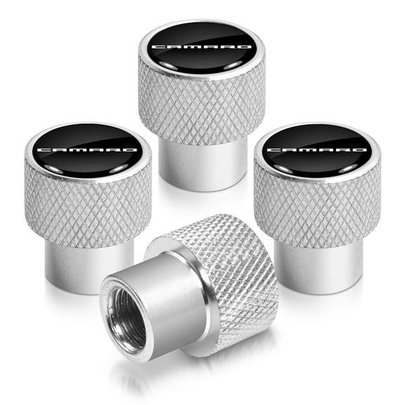 Chevrolet Camaro Logo in Black on Shining Silver Aluminum Tire Valve Stem Caps