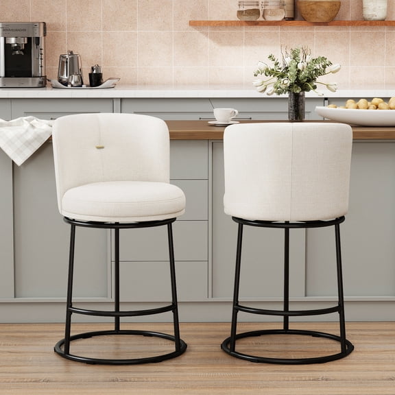 MultiHaven 25.8" Upholstered Swivel Bar Stool Set of 2,Counter Height Chair with Ergonomic Footrest for Kitchen Island - Beige Fabric