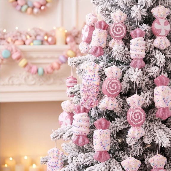 Christmas Candy Ornaments, Foam Hanging Decoration Set, 6-piece confectionery accents with cords, for tree, window, party and dessert-themed display