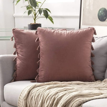 

MIULEE Pack of 2 Velvet Soft Decorative Throw Pillow Covers with Tassels Fringe Boho Accent Cushion Case for Couch Sofa Bed 16x16 Inch Jam