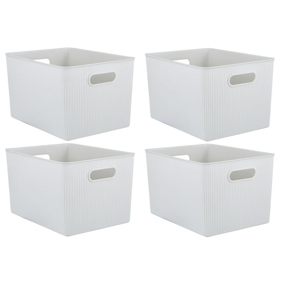 Superio Ribbed Plastic Storage Basket Organizer (4 Pack), 22 Liter Large Stackable Closet Storage Bin for Shelf, Desk, Pantry – Store Toys, Clothes, Cosmetics, Stationary – White Smoke