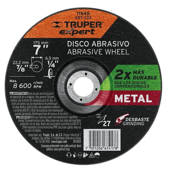 Disco desbaste metal, tipo27,diámetro 7',alto rendimiento Truper Truper ABT-222