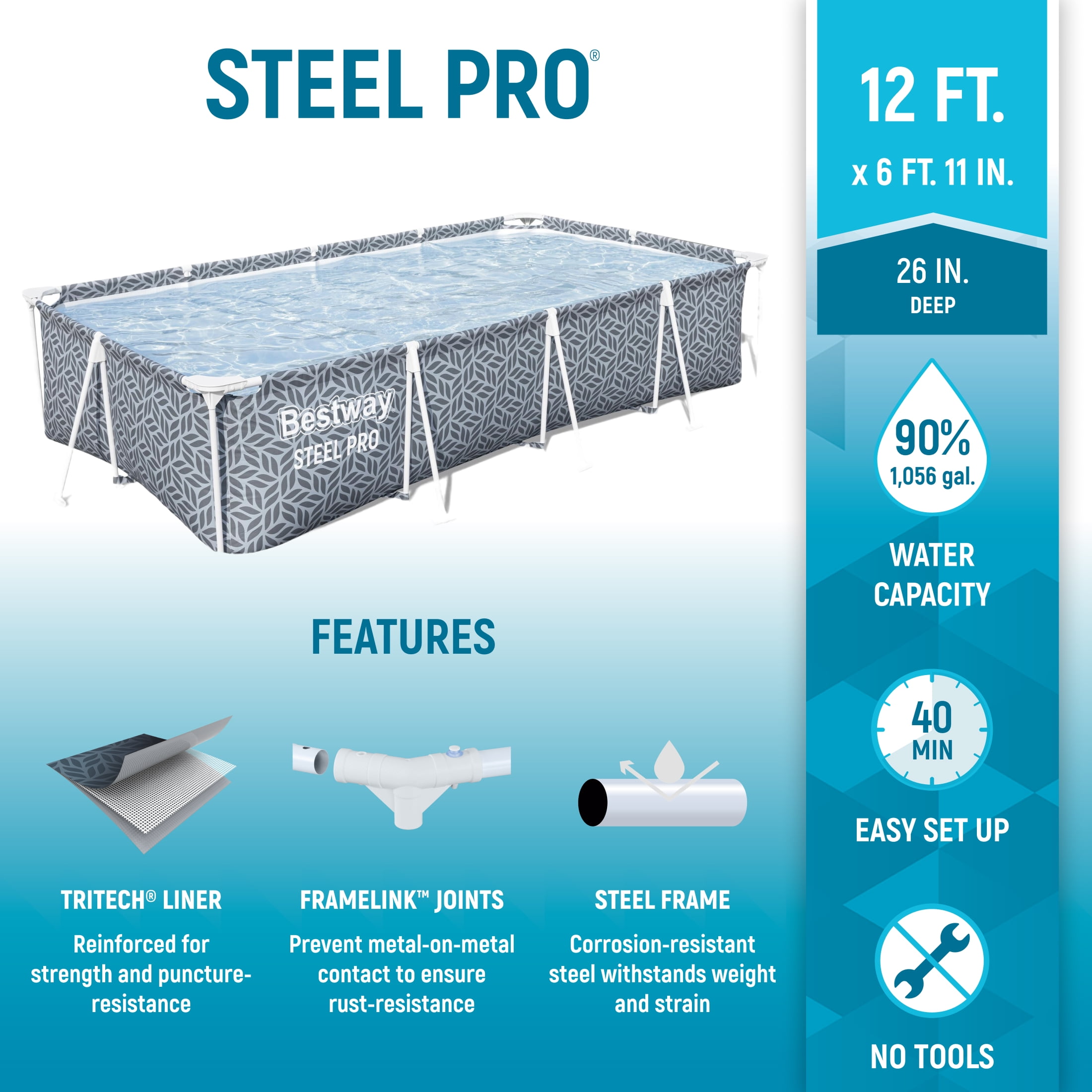 Bestway Steel Pro Rectangle Above Ground Pool Set, 12' x 6'7" x 26"