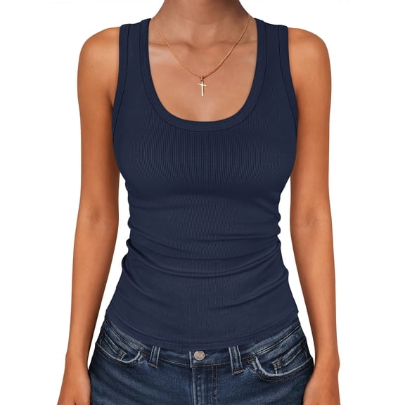 ANRABESS Womens Sleeveless Scoop Neck Tank Tops 2026 Summer Casual Basic Slim Fit Ribbed Knit Racerback Workout Cami Shirts Navy Blue-M