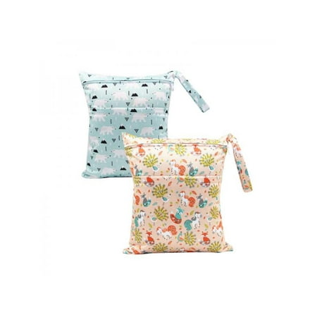 Baby Wet Bag - VICOODA 2PCS Infant Baby Diaper Bag Waterproof Washable Resuable Nappy Bag Wet Dry Baby Diaper Pouch with 2 Zippered Pockets for Traveling