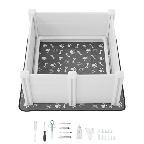 KFFKFF Durable PVC Whelping Box for Dogs, 38.6 x 38.6 x 18.1 inches, Adjustable Door Height with Washable Pad, Sturdy Indoor Playpen for Medium-Sized Puppies, Milk White