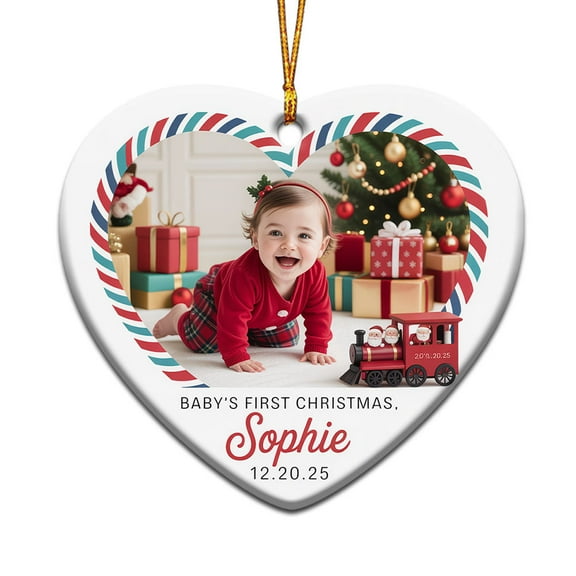 Baby 1st Christmas Ornament 2025, Custom Name Text Date Photo Christmas Ornament for New Baby Newborn, Cute Baby’s First Xmas Ceramic Christmas Ornament