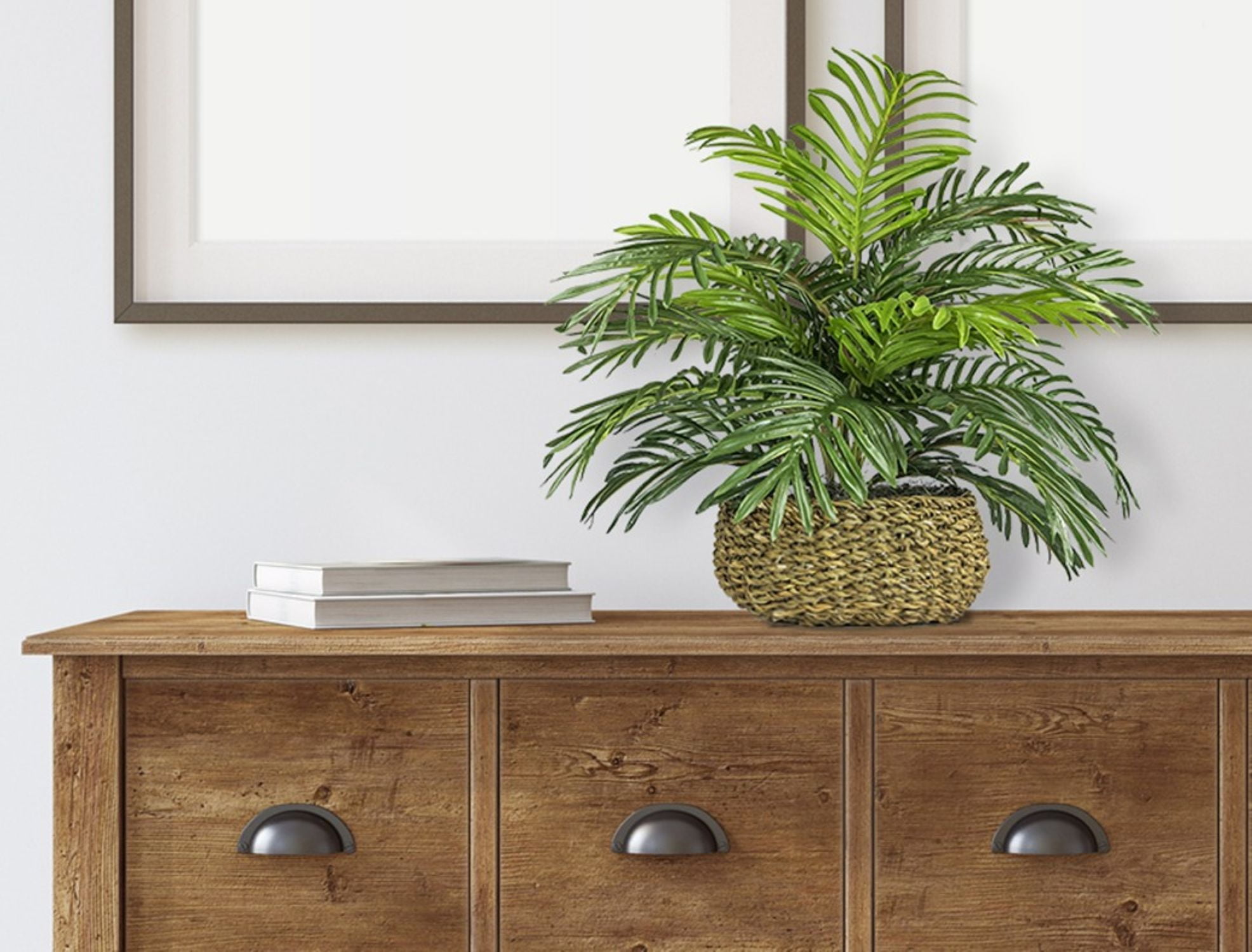 Artificial Plant, 14" Artificial Phoenix Palm in Low Round Handwoven Basket by LCG Florals, Faux Designer Fake Indoor Tabletop Plant for Living Room, Office, and Home Décor