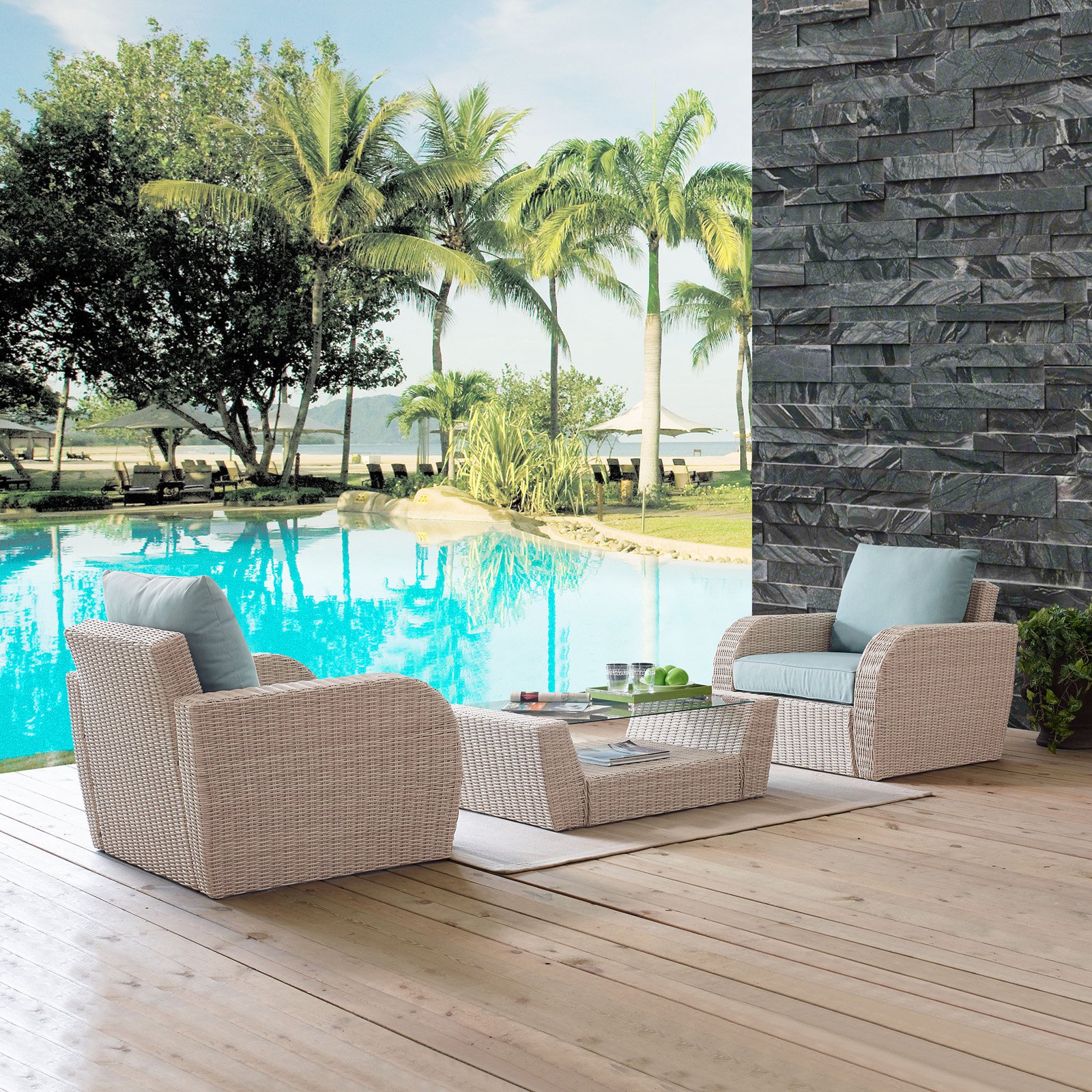 Crosley Furniture St Augustine 3 Pc Outdoor Wicker Seating Set With Mist Cushion - Two Outdoor Wicker Chairs, Coffee Table - image 3 of 11