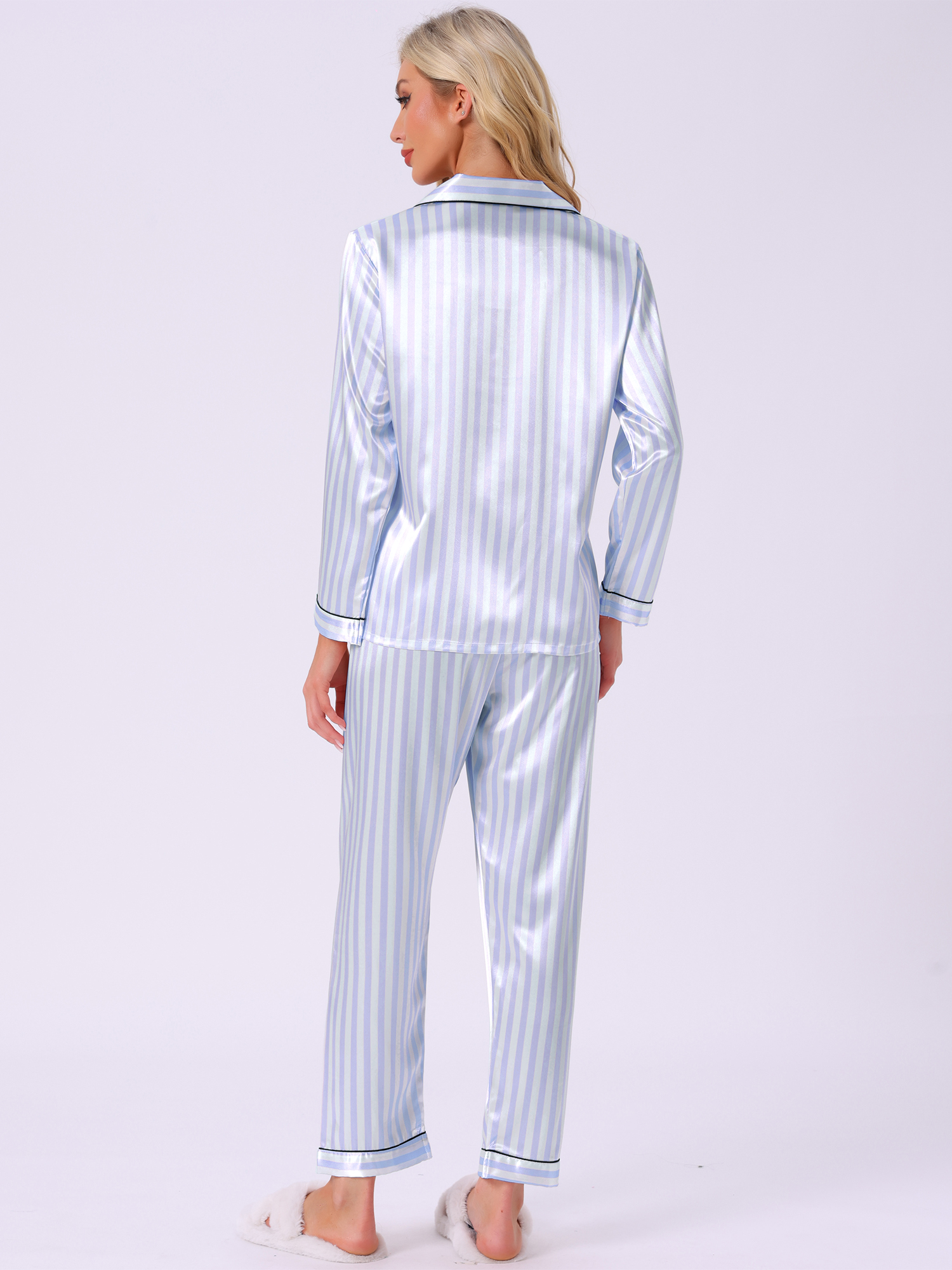 DARING DIVA Women's Satin Floral Button Down Pajama Sets L Blue Stripe