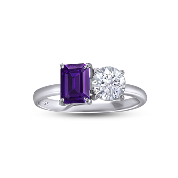 1 3/5CT 7X5MM Emerald Shape Natural Amethyst & 6MM Round Cut Lab Created Moissanite Diamond Toi Et Moi 2-Stone Engagement Ring For Women In 14K White Gold Over Sterling Silver (1.60Cttw)-4