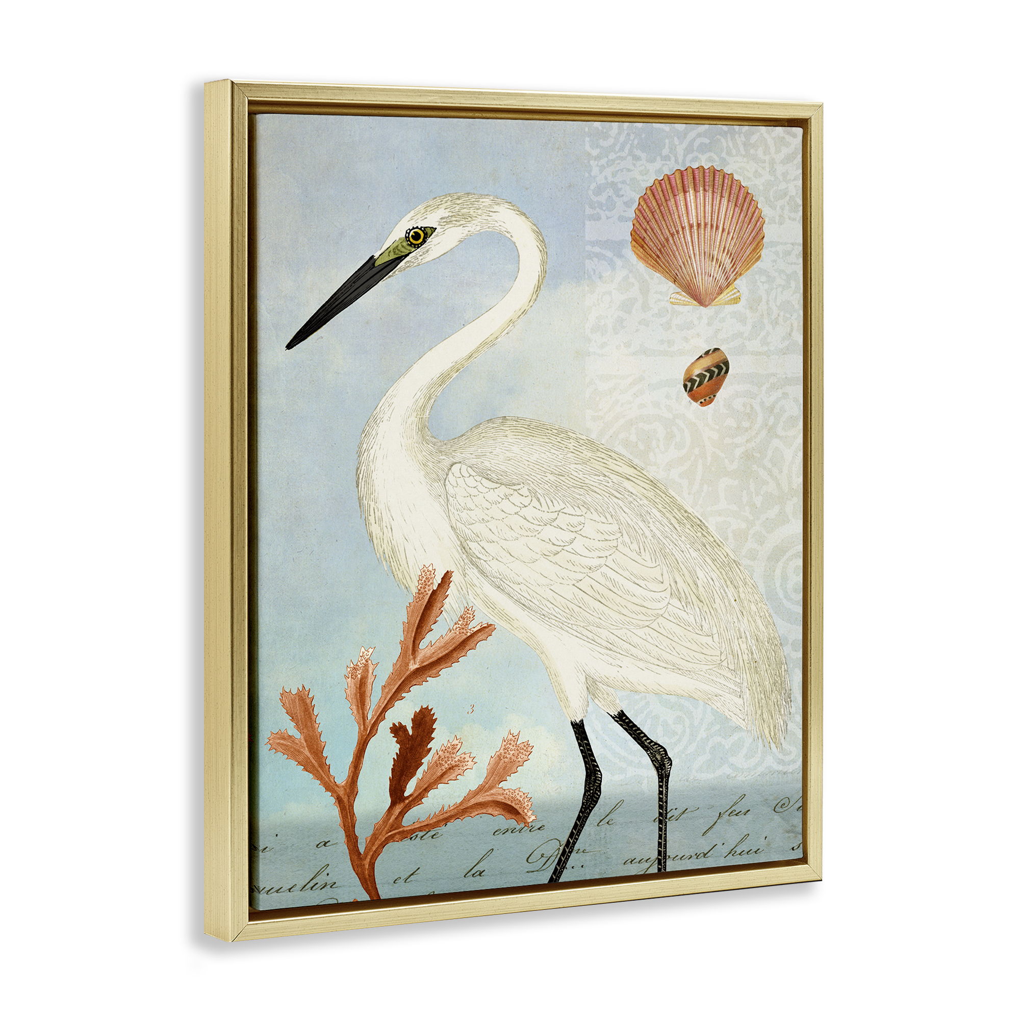Stupell Industries Traditional Egret Aquatic Motif Animals & Insects Painting Gold Floater Framed Canvas Art Print Wall Art, 25 x 31