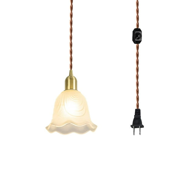 KAYYELAMP Dimmable Pendant Light Plug in Cord 15 Feet E26 Brass Base White Glass Flower Shape Modern Design Hanging Lamp for Restaurant Kitchen Stairs(No Bulb)