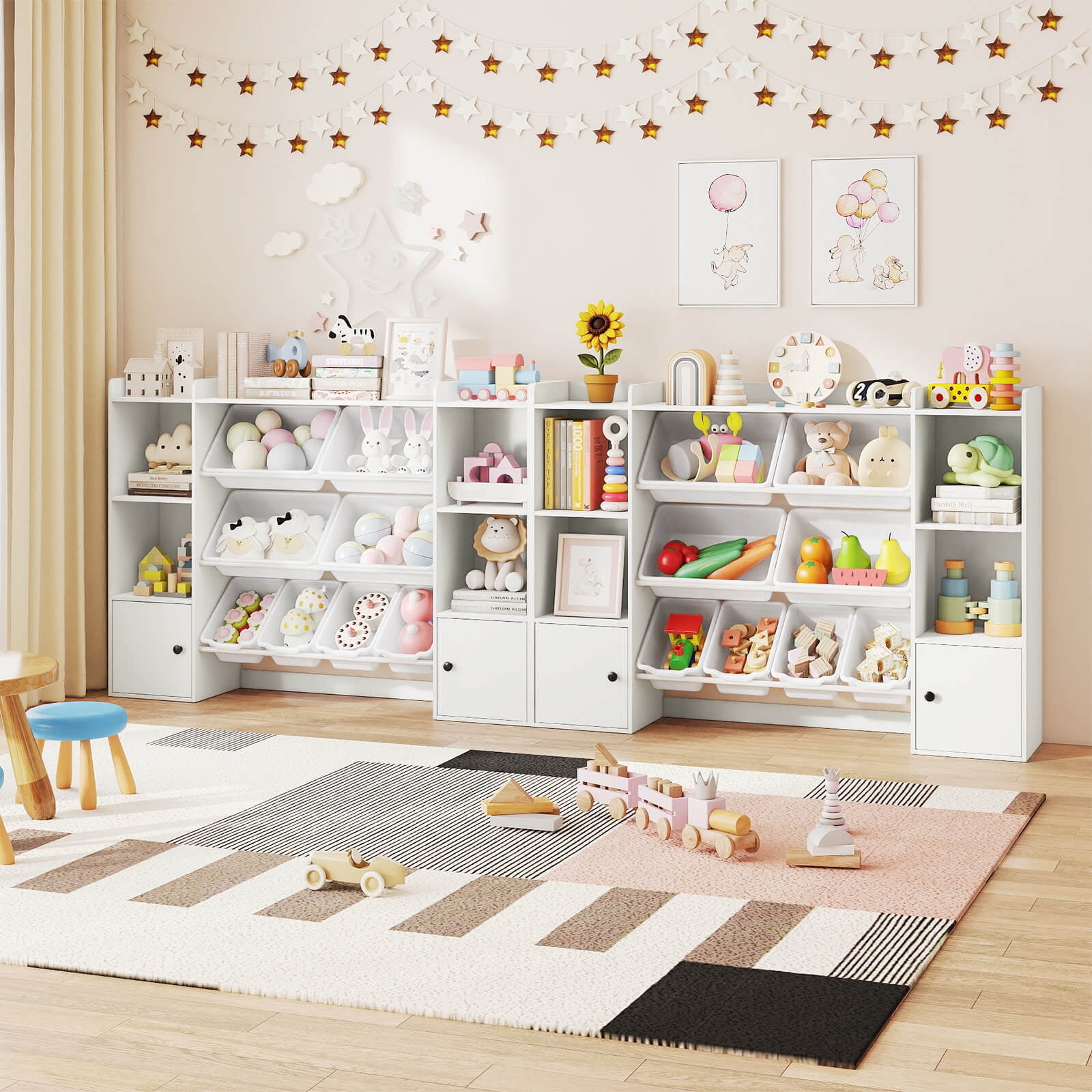 Costway Kids Toy Storage and Bookshelf with 8 Boxes Open Shelves & 2 Single-door Cabinets White