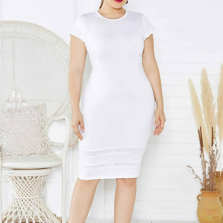 Jinhomg Women Summer T Shirt Dress Elegant Short Sleeve Midi Bodycon Dress  Plus Size Crew Neck Pencil Fitted Dress formal Wedding Work Dresses White  XXXL - Walmart.com