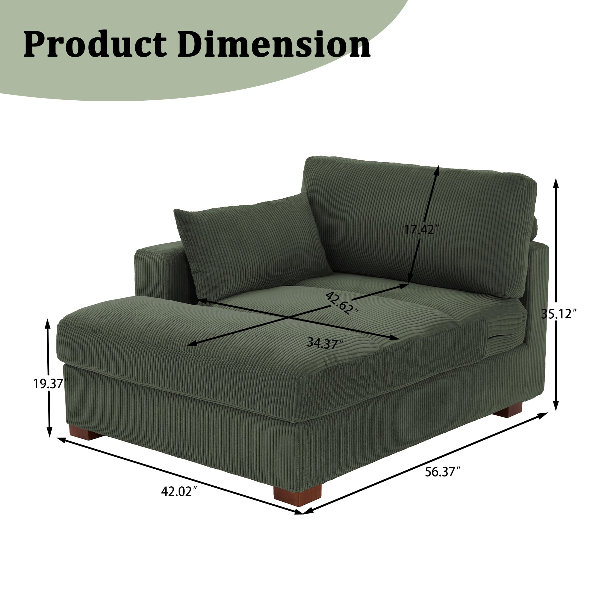 UIXE Chaise Lounge Indoor Upholstered Corduroy Sofa with Right Armrest for Living Room Bedroom, Green