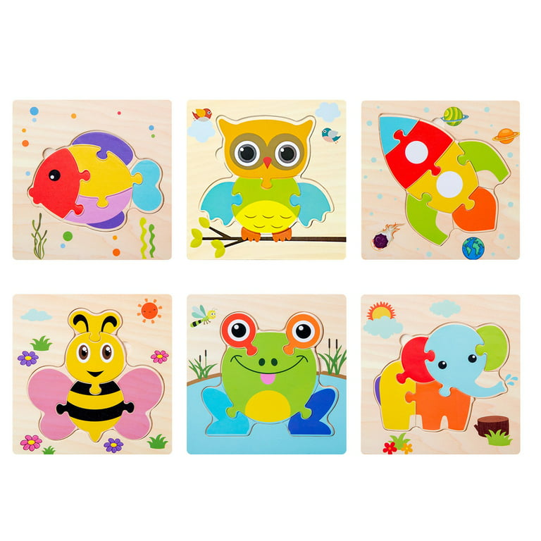 Fridja 6pcs Toddler Wooden Puzzles Set Early Developmental STEM Toy for  Babies Aged 1-3 Years; Each Puzzle Contains 4-5 Pieces - Fish, Frog, Bee,  Rocket, Owl, Elephant 