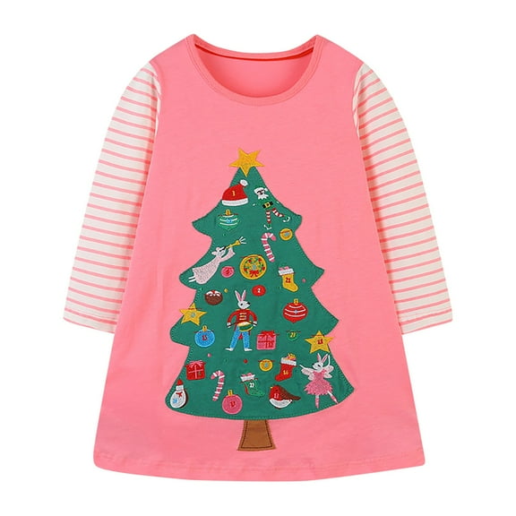 NIEWTR Toddler Girls Christmas Dress Long Sleeve Cartoon Print Spring Autumn Casual Cotton T Shirts Dress for Fall Winter6Y,Z01-Pink)
