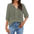 thumbnail image 2 of Womens 3/4 Sleeve Tops Cotton Linen Shirts Embroidered V Neck Button Boho Blouses Loose Fit Dressy Casual Tunic Top,Green,XL, 2 of 8