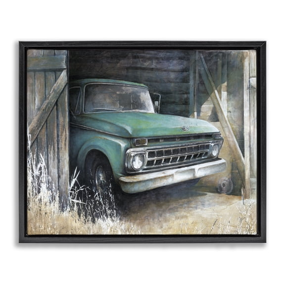 Stupell Industries Farmhouse Weathered Country Barn Vintage Green Pickup Truck Black Floating Frame Canvas Art, 21 x 17, by White Ladder