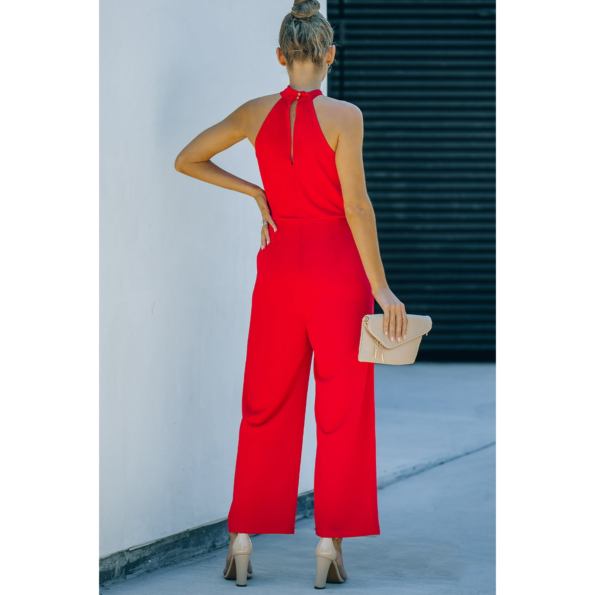 POGLIP Women s Red Halter Neck Sleeveless Wide Leg Jumpsuit Walmart