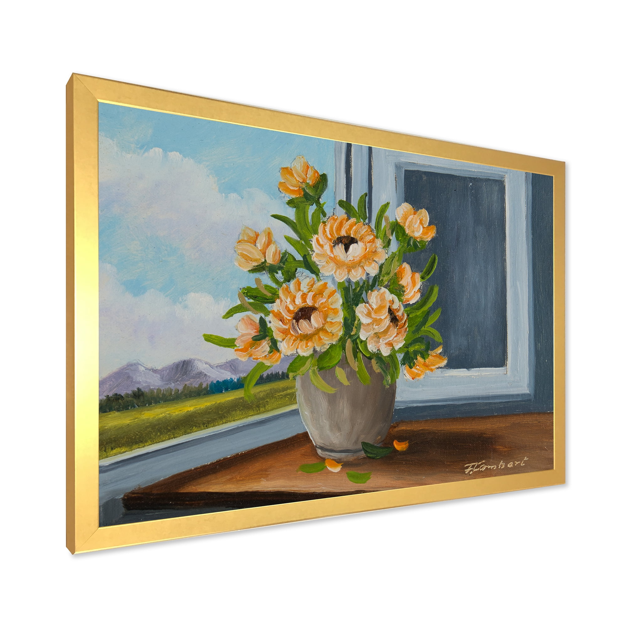 Designart 'Still Life With Orange Flowers In Vase At The Window' Traditional Framed Art Print
