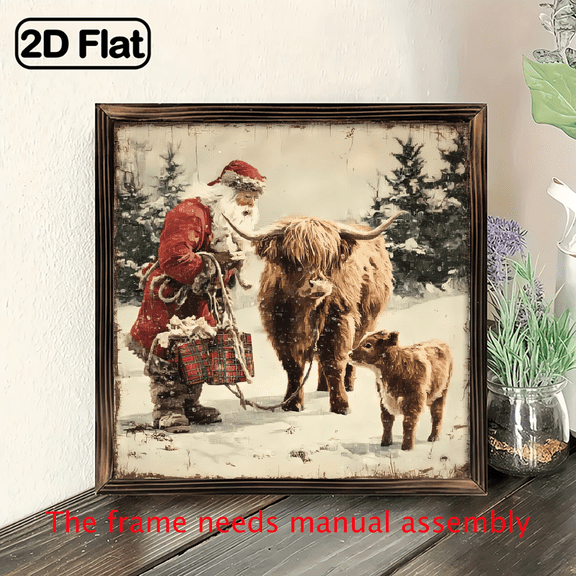 2D Flat, 1pc Wall Decor, Santa with Highland Cow Sign, Rustic Christmas Farmhouse Wall Art, Holiday Decor, Vintage Santa Sign, Decorative Sign.8*8 inch