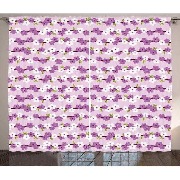 Ambesonne Japanese Curtains 2 Panel Set, Cherry Branches Bloom, 108" x 63", Lilac White Green