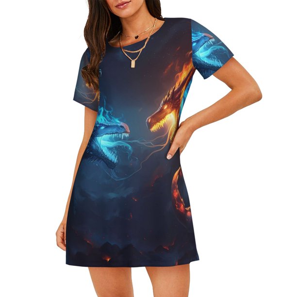 Balery Red And Blue Fire Dragon C Camisón de manga corta con cuello redondo para mujer, cómodo y elegante.