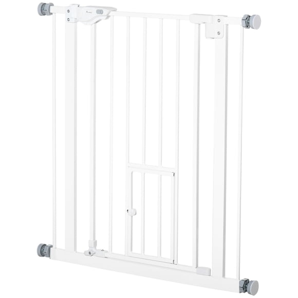 Extra Wide Pet Gate with Cat Door - White Steel Safety Barrier for Hallway, Stairs & Entryways - Adjustable 29-32 Inch Pet Containment Gate