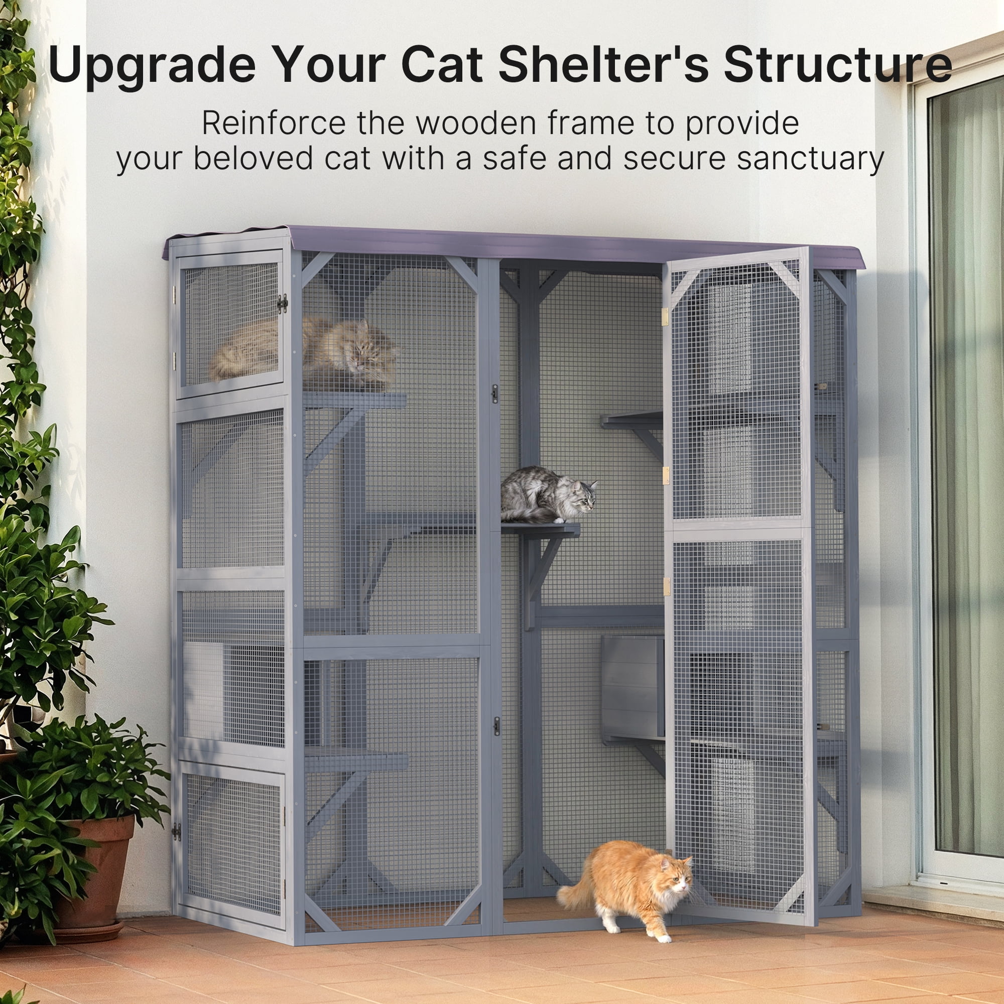 Outdoor Cat Enclosure, Lofka 70 Inch Large Walk-in Outdoor Catio, Weatherproof Cat Enclosure for Multiple Cats, Tarp Roof Kitty Playpen Cage for Patio & Garden, Grey