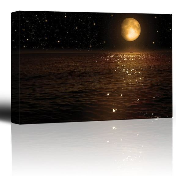 wall26 - Gold Moon and Bright Stars Illuminating The Ocean at Night - Canvas Art Home Art - 32x48 inches