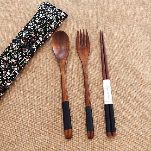 Juego de cubiertos de madera | Utensilios reutilizables de viaje | Palillos Cuchara Tenedor - Natural Eco-Friendly | Portátil con bolsa de tela | 3 Piezas | 8.5 pulgadas | Mango de rosca | Libre de