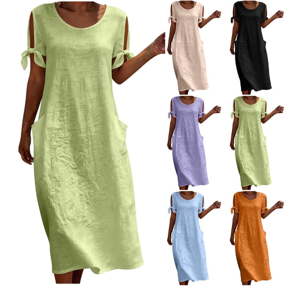 Dvprdro Crewneck Short Sleeve Cotton Linen Midi Dress for Women Side Pockets Loose A Line Summer Vacation Casual Solid