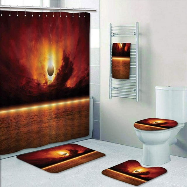 EREHome Ensemble de Salle de Bain 5 Pcs Vue Dramatique de l'Éclipse Solaire avec Ciel Rouge Foncé Horizon de Mer Rideau de Douche Serviette de Bain Tapis de Bain Tapis Contour et Housse de Couvercle de Toilette