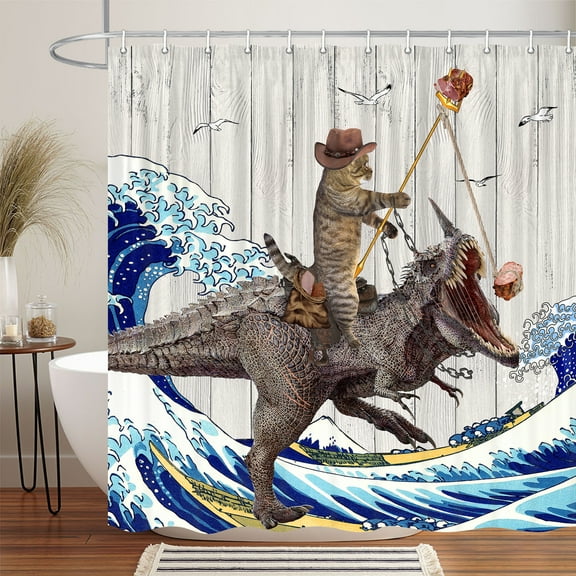 Funny Cat Shower Curtain, Cool Cat Riding Dinosaur Holding Fork on Blue Waves Bathroom Decor shower curtain, Kids Western Cowboy Wooden Rustic Farmhouse Shower Curtain Sets with 12PCS Hooks, 70X70IN