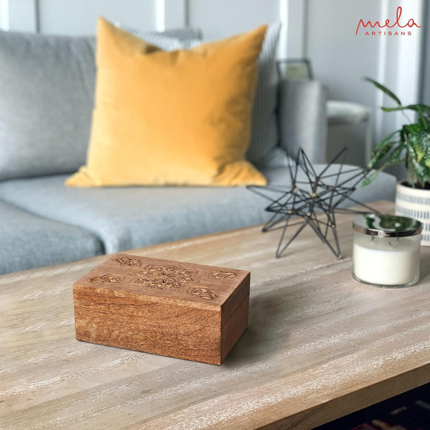 Mela Artisan Handmade Mango Wood Keepsake Box, Memory Keepsake Box, Medium Burnt, 7.5” x 4.5” x 3”