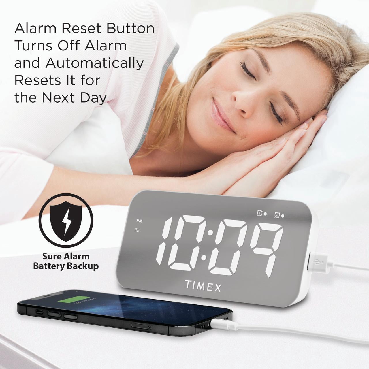Timex Alarm Clock with USB Charger (5W) and Large Display (T1320W)
