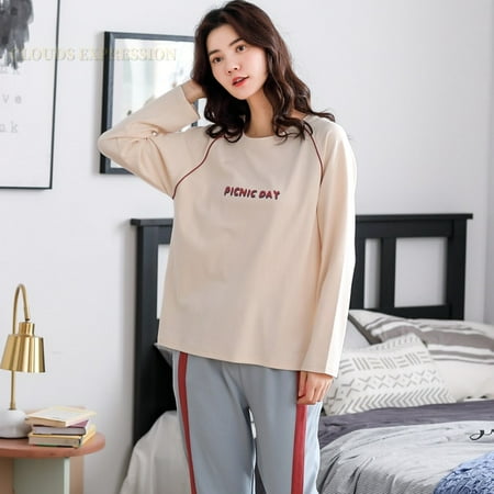 

QWZNDZGR Spring Autumn Knitted Cotton Elegant Women Floral Pajama Sets Sleepwear Casul Lounge Set Plaid Pants Pajamas Womens Home Fashion