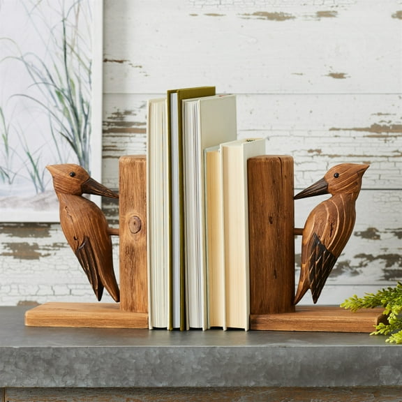 Melrose Pine Wood Woodpecker Bookends - 8.75" - Brown - Set of 2